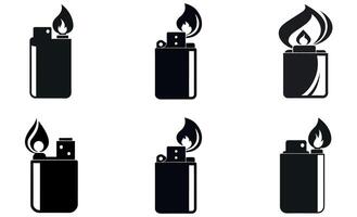 Six simple, black silhouette icons of lighters, each with a lit flame. vector