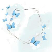 Elegant Gold Frame with Blue Butterflies and Soft Watercolor Background. Hand-Drawn Decorative Border for Wedding Invitations, Greeting Cards, Branding, and Romantic Design Projects. vector