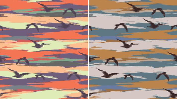 Seamless, colorful hand drawn flock of birds flying in the sky pattern, Japanese, ethnic folk brush stroke, wood carving, engraving textured surface background, graphic for textile, decoration,