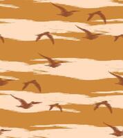 Seamless, colorful hand drawn flock of birds flying in the sky pattern, Japanese, ethnic folk brush stroke, wood carving, engraving textured surface background, graphic for fabric, decoration, vector
