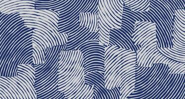 Japanese Blue and white brush line abstract hand drawn collage wave pattern, tribal and ethnic folk wood carving, block print textured surface background. simple monochromatic graphic for textile vector