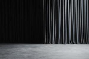 An empty interior space with dark curtains and a textured concrete floor creates a somber mood photo