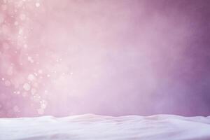 Gentle snowy landscape with soft pink light and glittering bokeh background. Winter dreamscape photo