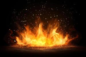 Fiery orange flames against a black backdrop, with golden sparks adding a touch of magic and warmth photo