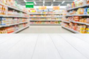 A clean white wooden tabletop surface in the foreground of a blurred supermarket aisle view photo