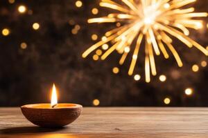 Lit diya with fireworks in the background, set on a wooden surface for a celebratory mood photo