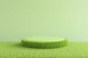 Circular display stand with grass texture, ideal for product presentation on a grassy field photo