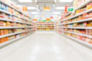 Blurred image of a grocery store aisle with shelves stocked with various consumer products photo