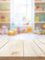 Light wooden table in a bright, playful children's room with a view of shelves filled with toys photo