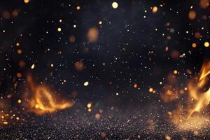 Ember glow in the dark, with burning flames and falling golden sparks in a glittery backdrop photo