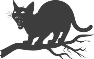 A Black Angry Cat Sitting On Branch Of A Tree Silhouette Illustration vector