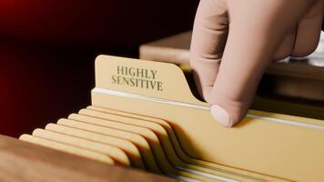 Searching Documents File of HIGHLY SENSITIVE in Drawer in Dark Room Opening Drawer and Highlighting Label Text video