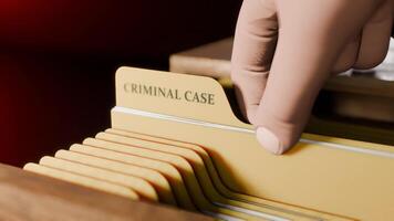 Searching Documents File of CRIMINAL CASE in Drawer in Dark Room Opening Drawer and Highlighting Label Text video