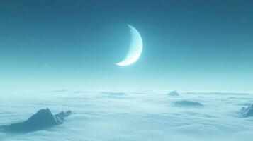 Crescent Moon Over Snowy Mountains And Clouds photo