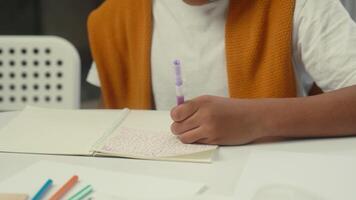 Child son schoolboy studying at desk school classroom elementary education little African American boy pupil student learn prepare lesson exercise writing drawing cute kid looking at camera smile glad video