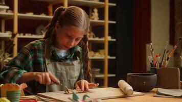 Laughing Caucasian little girl school child smiling kid schoolgirl student potter laugh artisan practicing creating pottery abstract artwork clay fail learn hobby skill inside ceramic lesson workshop video