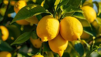 Lemons hanging on a tree branch in a sunny orchard during the morning hours, depicting the vibrant yellows and lush greens of a healthy citrus grove photo