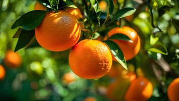 Oranges hang from vibrant green branches in a sunny orchard, showcasing their bright color while sunlight filters through the leaves, creating a warm atmosphere in mid-autumn photo