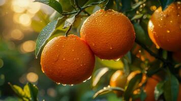 Bright orange fruits hang on a tree branch in a sunlit orchard, glistening with raindrops as the warm sunlight filters through the leaves, creating a lush and refreshing atmosphere photo