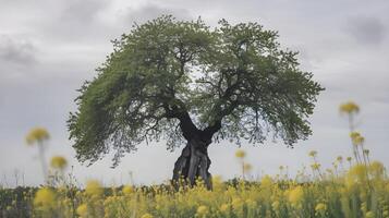A solitary tree blossoms amidst a vibrant field of yellow flowers under a cloudy sky. photo