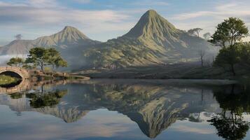 Majestic mountains reflect in the still lake, framed by a charming stone bridge and lush trees. photo