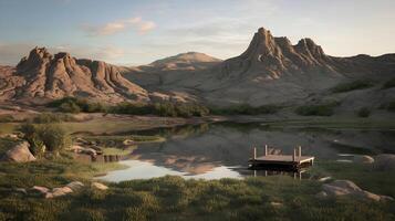 A serene lake reflects the majestic mountains, with a small dock adding to the tranquil scene. photo