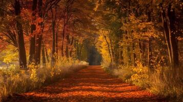 A picturesque pathway lined with trees ablaze in autumnal colors creates a stunning forest scene. photo