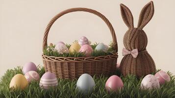 A charming wicker bunny and colorful Easter eggs in a basket create a festive spring holiday scene. photo