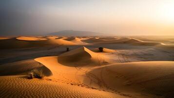 Rolling sand dunes stretch to the horizon in this desert landscape during golden hour. photo