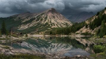 Reflections of the majestic mountain peaks dance on the still waters of the alpine lake. photo