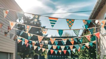 Colorful triangular bunting creates a cheerful and festive atmosphere strung between buildings. photo