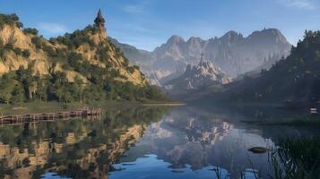 Majestic mountains and lush forests reflect perfectly in the still waters of a serene lake. photo
