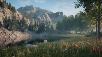 Idyllic mountain lake reflects the rocky peaks and lush forest, creating a tranquil and scenic landscape. photo