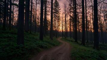 A winding dirt path leads through a serene forest at sunset, creating a tranquil scene. photo
