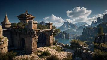 Ancient stone fortress stands guard over a serene lake, with majestic mountains in the distance. photo