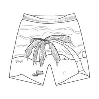Black and White Line Art of Beach Shorts with Palm Tree Design vector