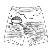 Black and White Line Art of Beach Shorts with Tropical Hut Design vector
