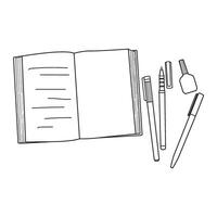 Black and White Line Art of Open Notebook and Stationery Items vector