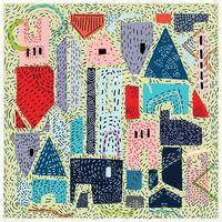 An eye-catching abstract pattern showcasing colorful houses and diverse geometric shapes. vector