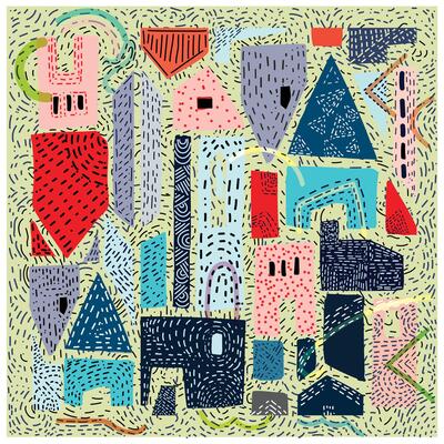 An eye-catching abstract pattern showcasing colorful houses and diverse geometric shapes.