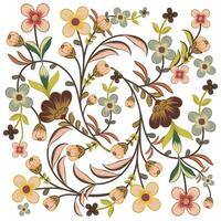 Colorful floral and leaves print pattern, featuring various blossoms and leaf in soft pastel hues, intertwined on a white background square shape design. vector