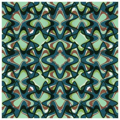 Abstract geometric pattern with intertwining curves in green, brown, and blue tones.