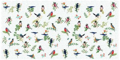 A colorful pattern featuring various stylized birds perched among flowers and leaves on a light dotted background. vector