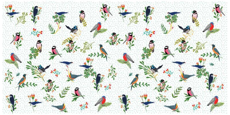 A colorful pattern featuring various stylized birds perched among flowers and leaves on a light dotted background.