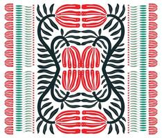 Abstract beautiful flower shape symmetrical pattern with red and black shapes on a white background, a print featuring leaves intertwined, creating a lively and natural design. vector