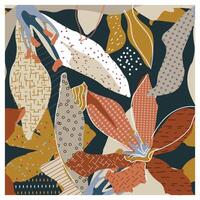 Colorful abstract composition featuring various patterned leaves in earthy tones against a dark background. Modern and artistic design. vector
