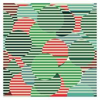 A colorful abstract design featuring overlapping circular shapes filled with horizontal stripes in green, red, and blue hues. vector