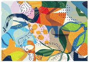 A repeat print, abstract flower and leaf camouflage design featuring bold colors, various shapes, and line and dot textured patterns, creating an energetic and artistic composition. vector
