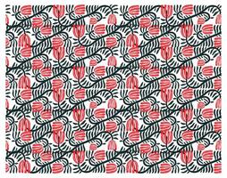A retro type print pattern featuring red flowers intertwined with dark green leaves on a white background, creating a lively botanical design. vector