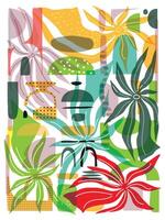 Luxury abstract, colorful tropical artwork with overlapping geometric shapes and botanical elements. vector